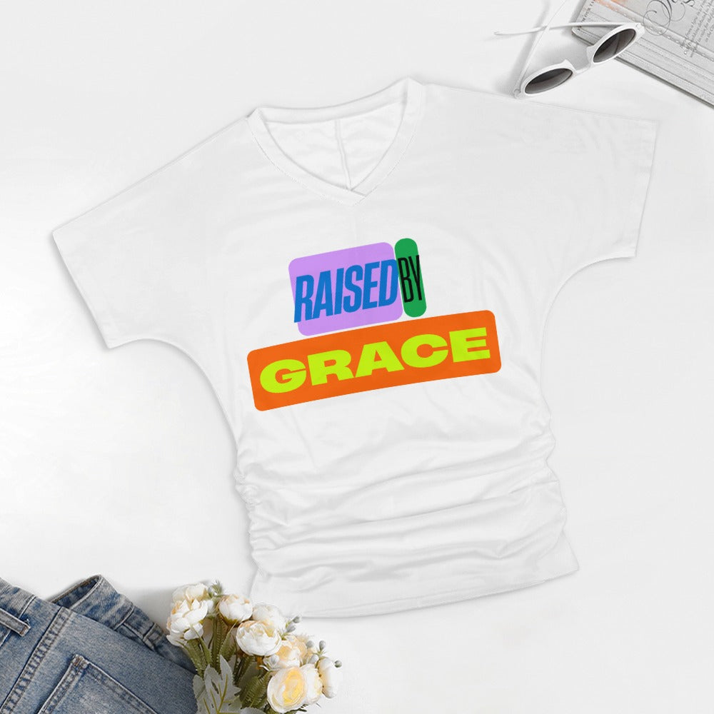 Raised by Grace - V-neck pleated T-shirt