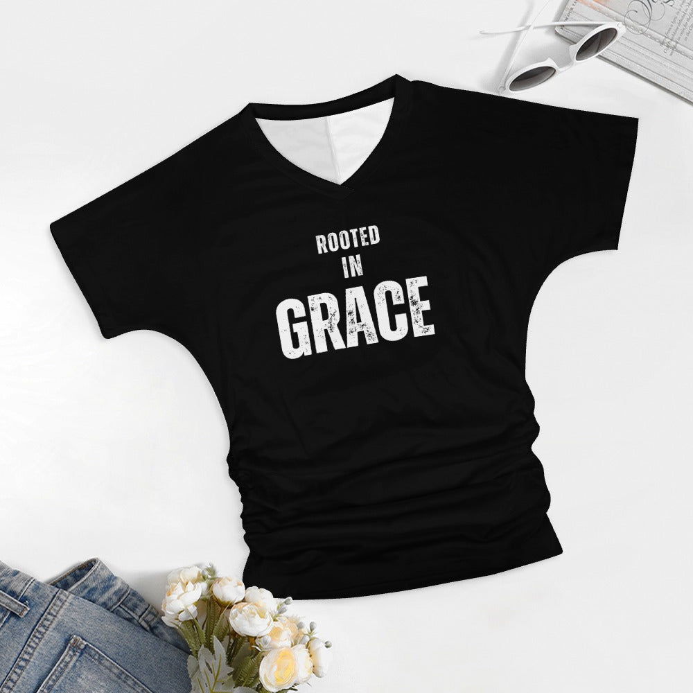 Rooted in Grace - V-neck pleated T-shirt