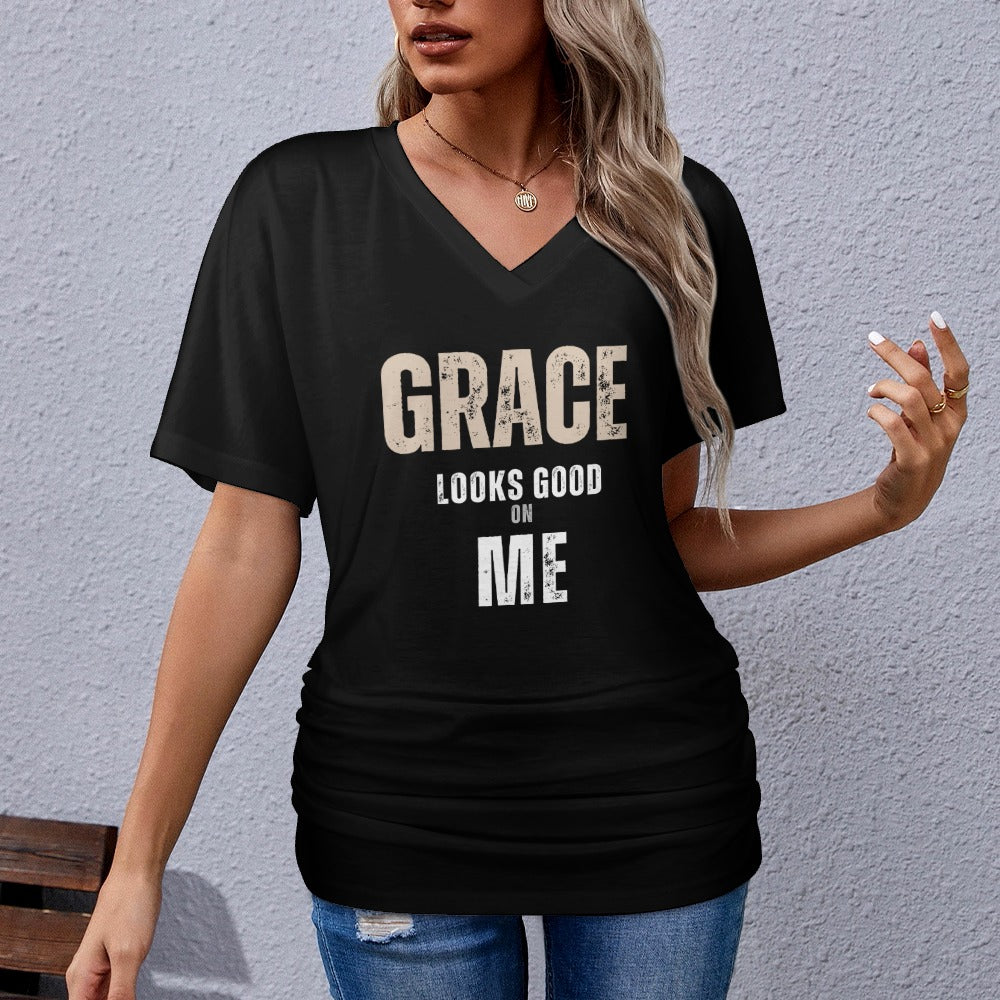 Grace - V-neck pleated T-shirt