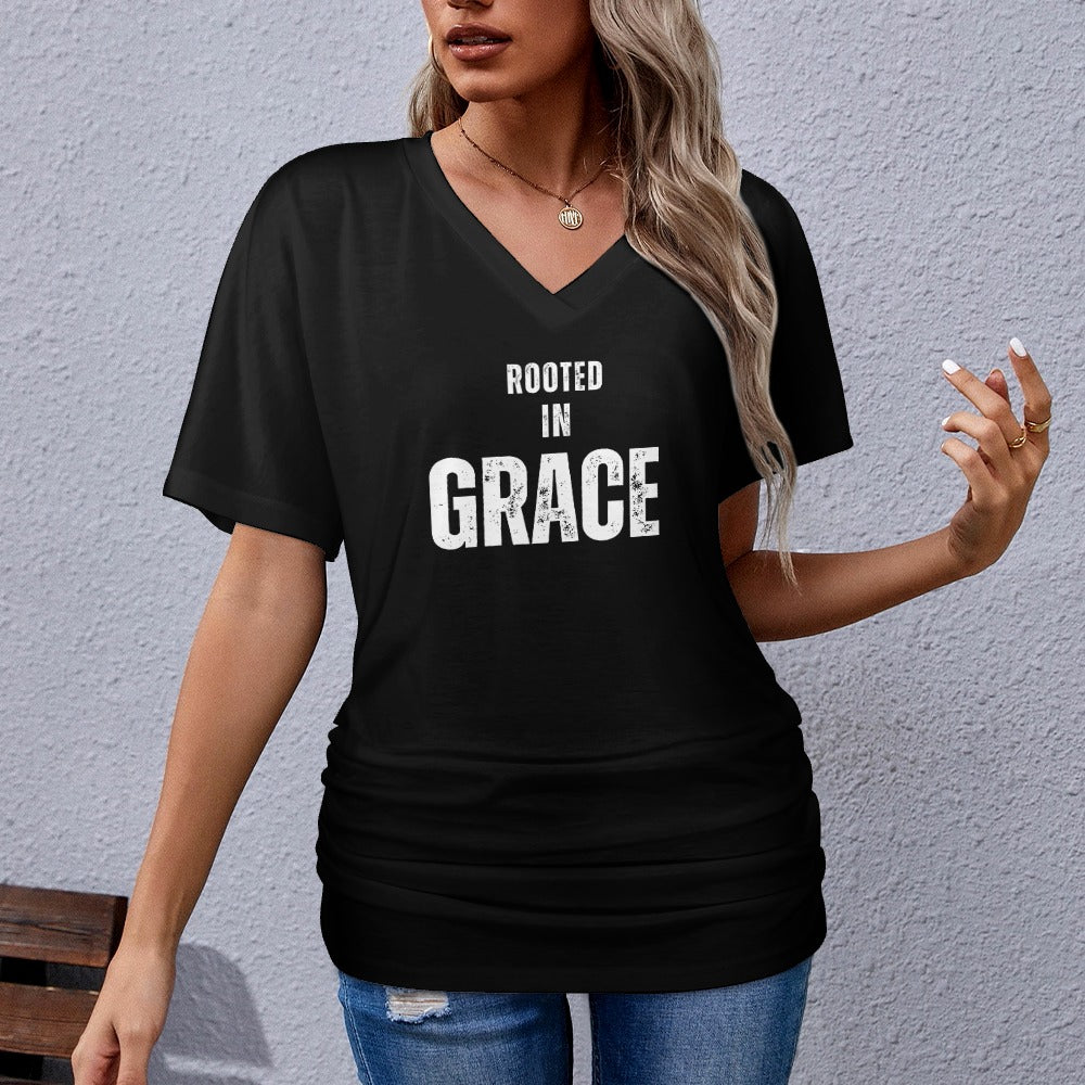 Rooted in Grace - V-neck pleated T-shirt