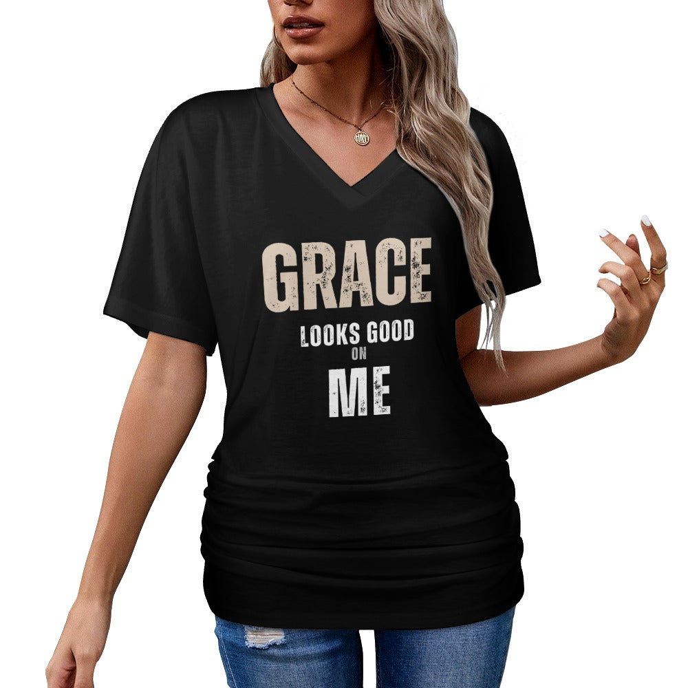Grace - V-neck pleated T-shirt