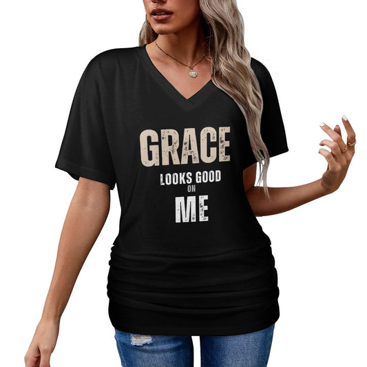 Grace - V-neck pleated T-shirt
