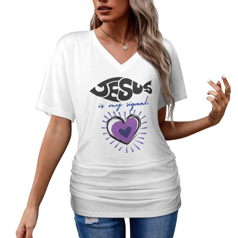 Jesus is my signal - V-neck pleated T-shirt