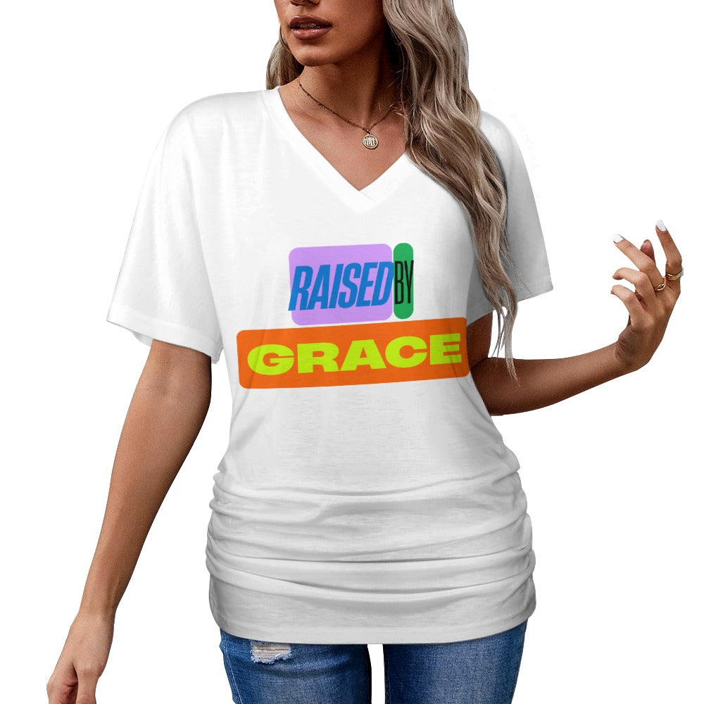 Raised by Grace - V-neck pleated T-shirt