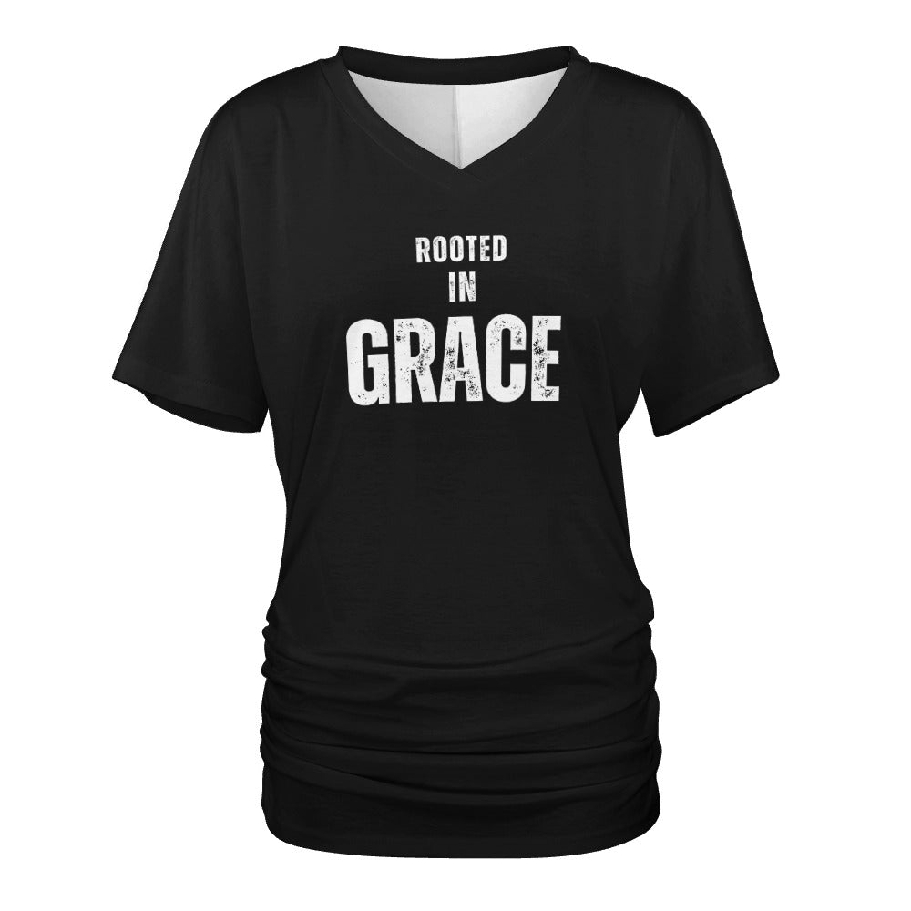 Rooted in Grace - V-neck pleated T-shirt