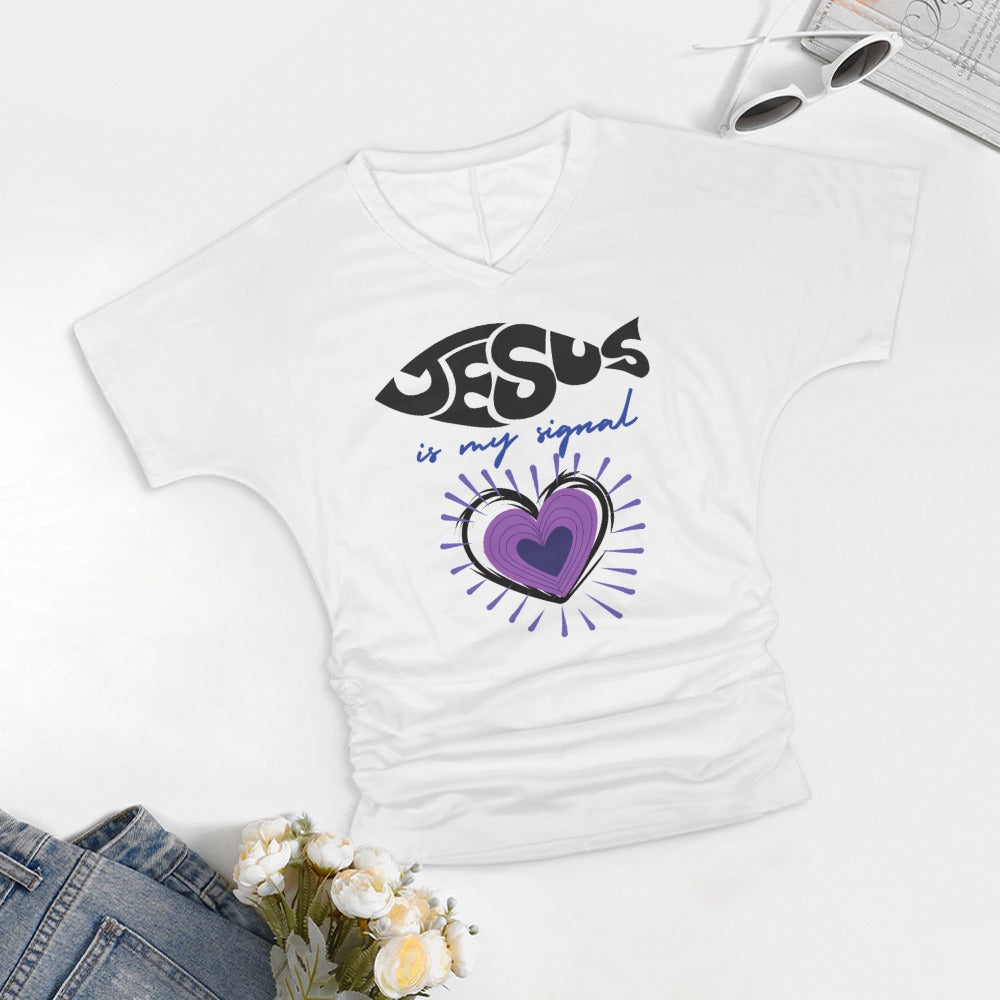 Jesus is my signal - V-neck pleated T-shirt