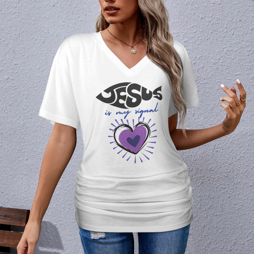 Jesus is my signal - V-neck pleated T-shirt