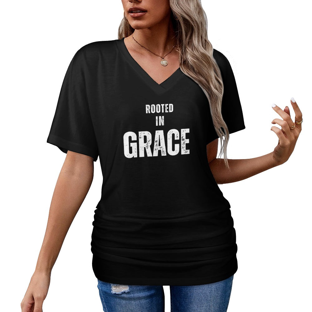 Rooted in Grace - V-neck pleated T-shirt