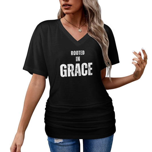 Rooted in Grace - V-neck pleated T-shirt